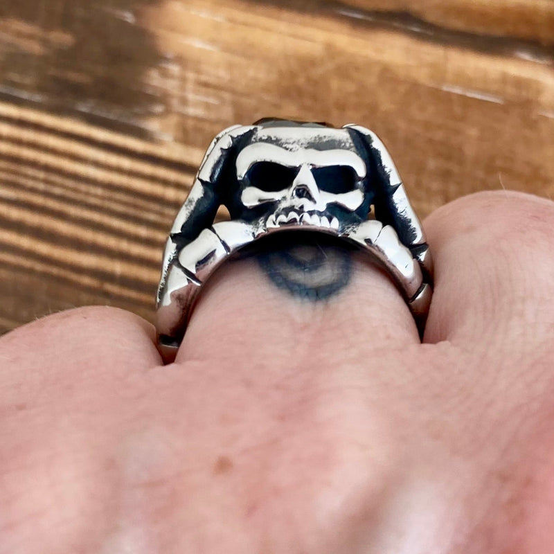 Sanity Jewelry Skull Ring "Black Stone" - Skeleton Hands W/Blackstone- Sizes 8-16 - R212