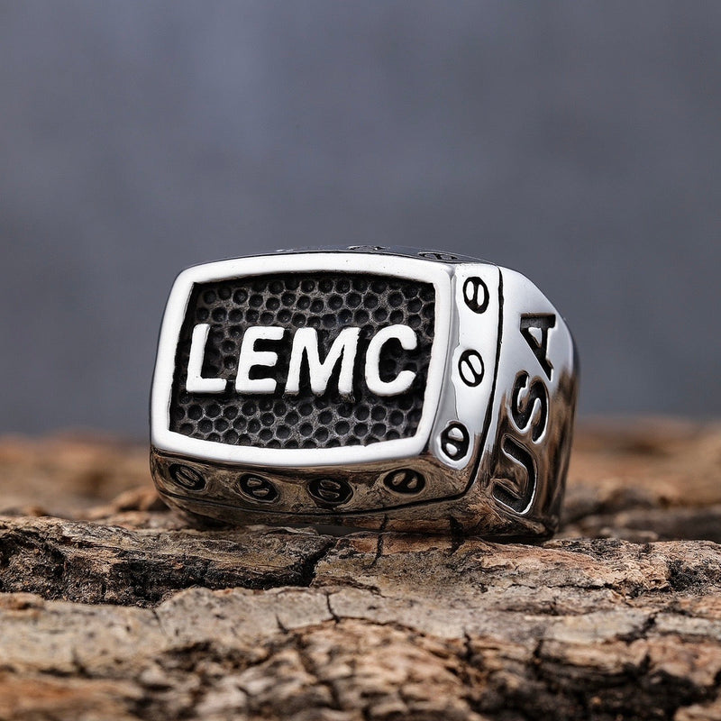 Sanity Jewelry Skull Ring LEMC - Law Enforcment Motorcycle Club with Screws Ring - Sizes 9-17 - R39