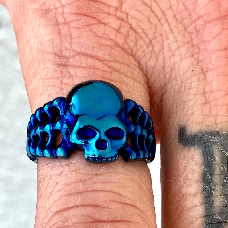 Sanity Jewelry Skull Ring Skull Ring with Bones - Blue - Sizes 4-12 - R207
