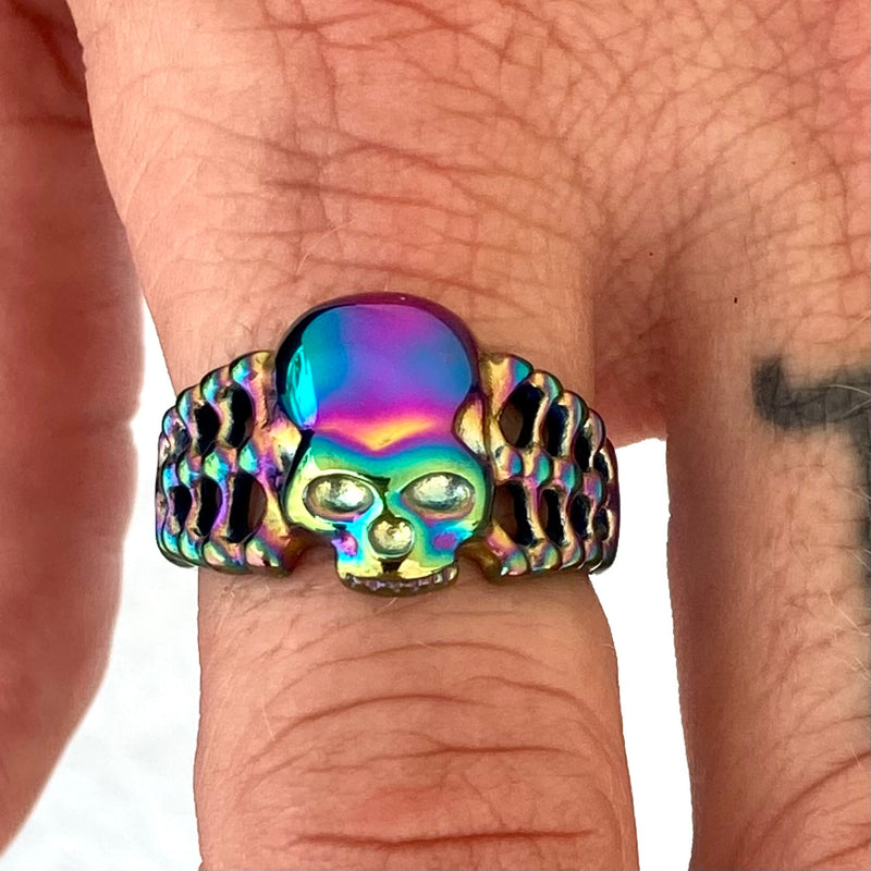 Sanity Jewelry Skull Ring Skull Ring with Bones - Rainbow - Sizes 4-12 - R209