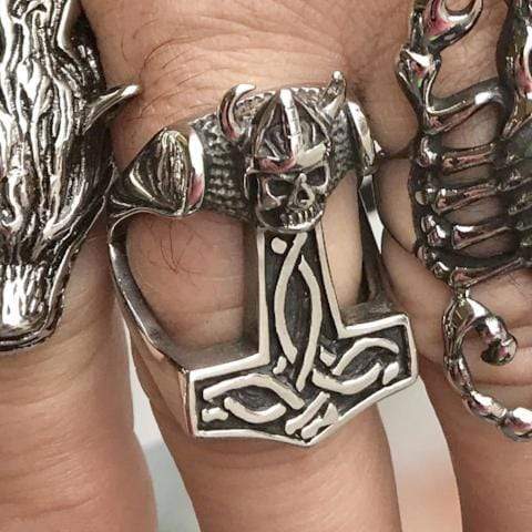 Sanity Jewelry Skull Ring Thor's Hammer Ring - Viking Skull Ring - Sizes 9-16 - R75