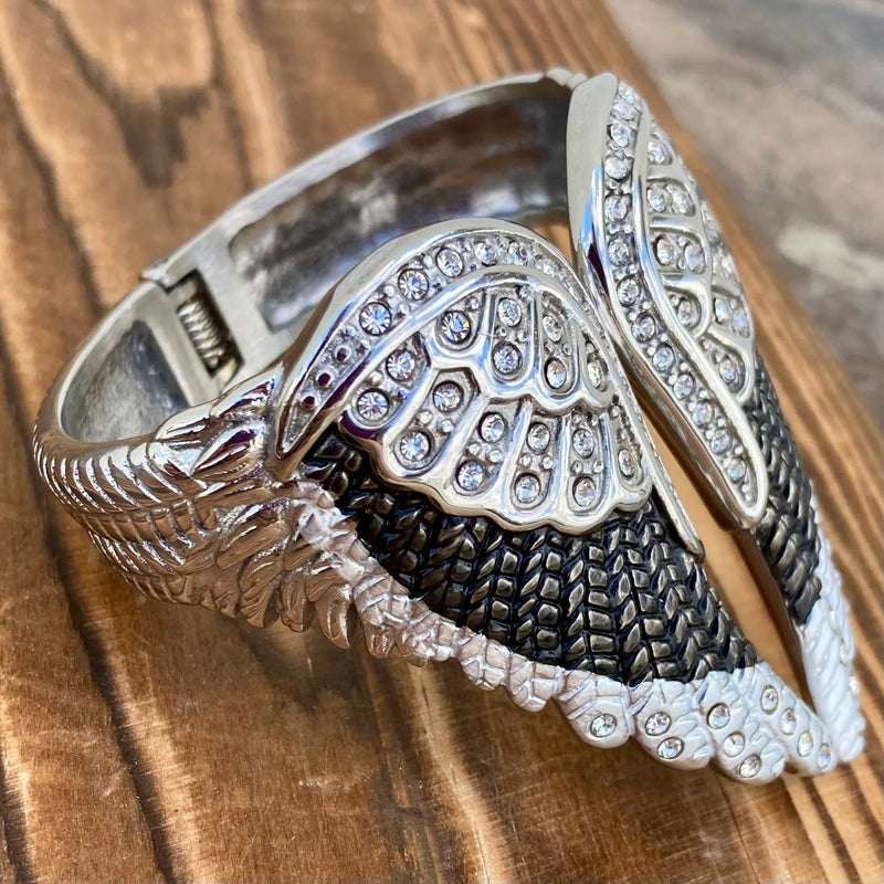 Sanity Steel Bracelet Angel Heart Wing - Cuff Bracelet - Double Wing - Black and White - AW04