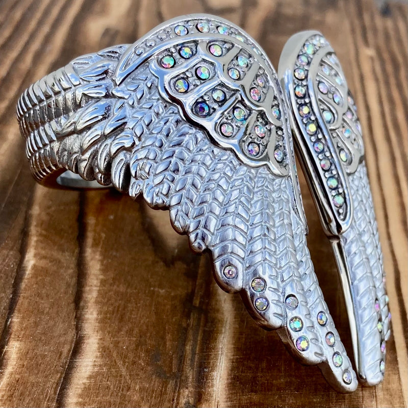Sanity Steel Bracelet Angel Heart Wing - Cuff Bracelet - Double Wing - White - AW05