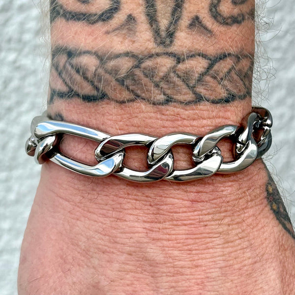 Sanity Steel Bracelet Bracelet - Figaro - Classic - Polished Silver - 1/2" Wide - FB07