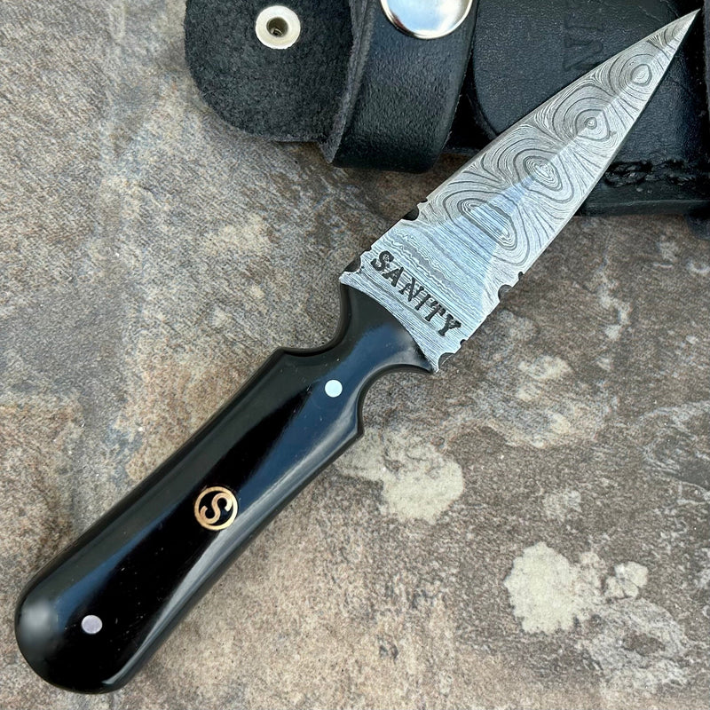 Sanity Steel Damascus Steel 6” Bonnie & Clyde - Buffalo Horn - Damascus - Horizontal & Vertical Carry - BC05