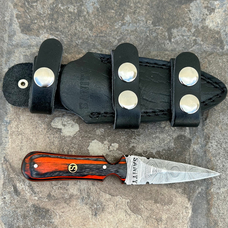 Sanity Steel Damascus Steel 6” Bonnie & Clyde - Orange & Black Wood - Damascus - Horizontal & Vertical Carry - BC08