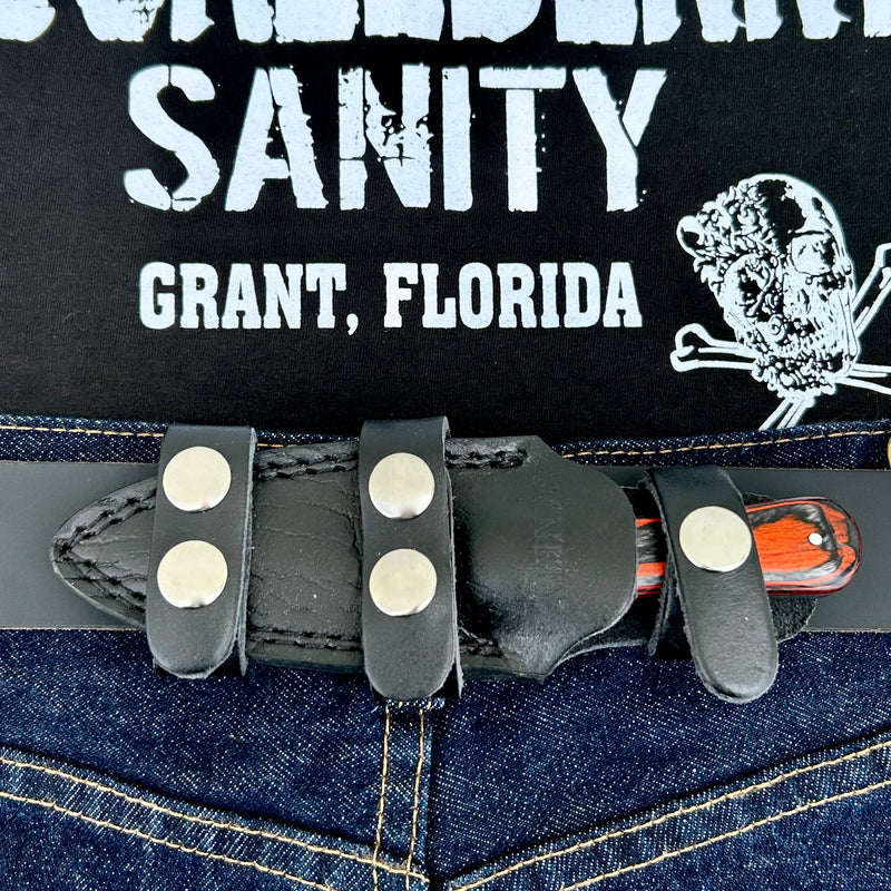 Sanity Steel Damascus Steel 6” Bonnie & Clyde - Orange & Black Wood - Damascus - Horizontal & Vertical Carry - BC08