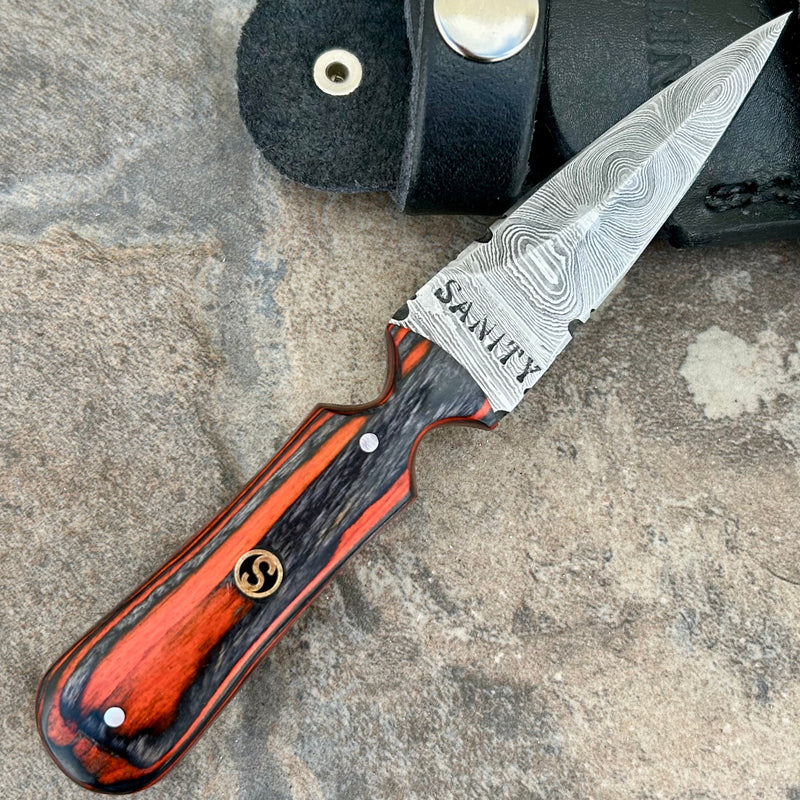 Sanity Steel Damascus Steel 6” Bonnie & Clyde - Orange & Black Wood - Damascus - Horizontal & Vertical Carry - BC08