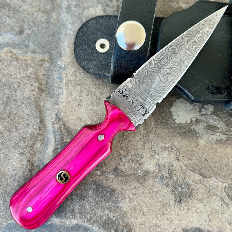 Sanity Steel Damascus Steel 6” Bonnie & Clyde - Pink Wood - Damascus - Horizontal & Vertical Carry - BC03