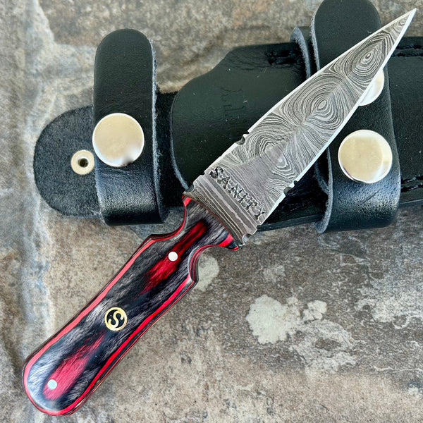 Sanity Steel Damascus Steel 6” Bonnie & Clyde - Red & Black Wood - Damascus - Horizontal & Vertical Carry - BC02