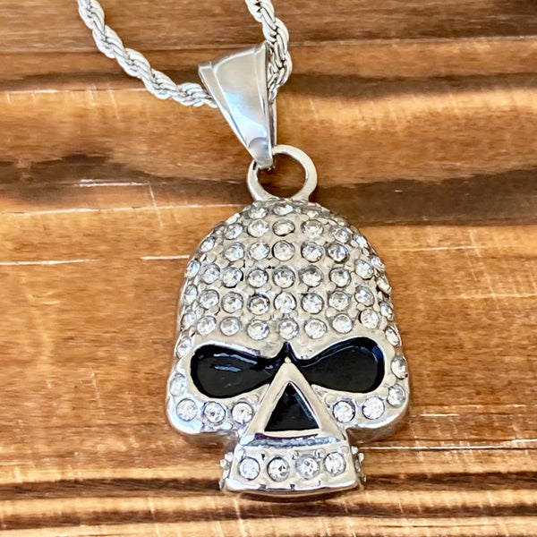 Sanity Steel Ladies Necklace 2mm 16" Rope Necklace Bling Skull Pendant - White Stone - Rope Chain - SK2595
