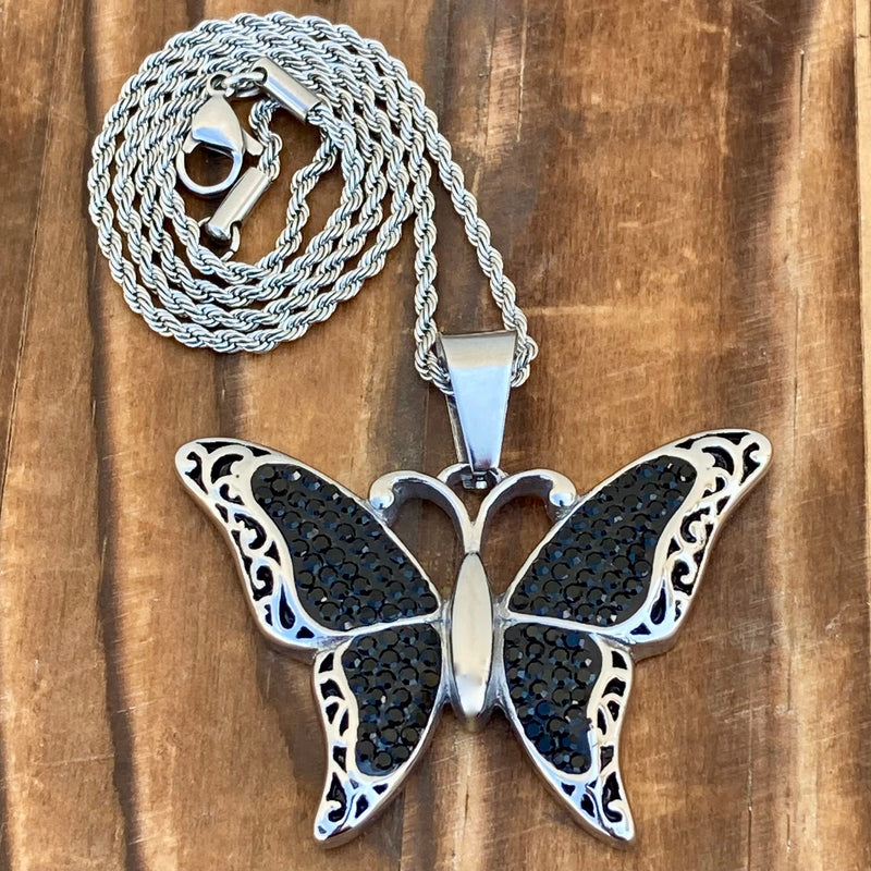 Sanity Steel Ladies Necklace 2mm 16” Rope Necklace Crystal Butterfly - Mini Pendant - Black - Rope Necklace or Omega - M613C