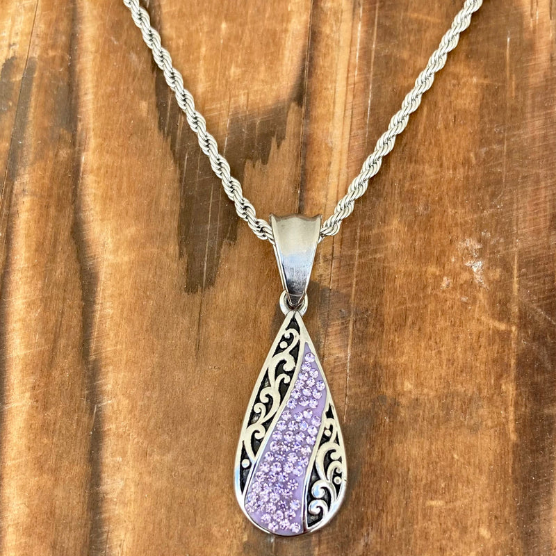 Sanity Steel Ladies Necklace 2mm 16” Rope Necklace Crystal Teardrop - Purple - Mini Pendant - Rope Necklace - AJ06M
