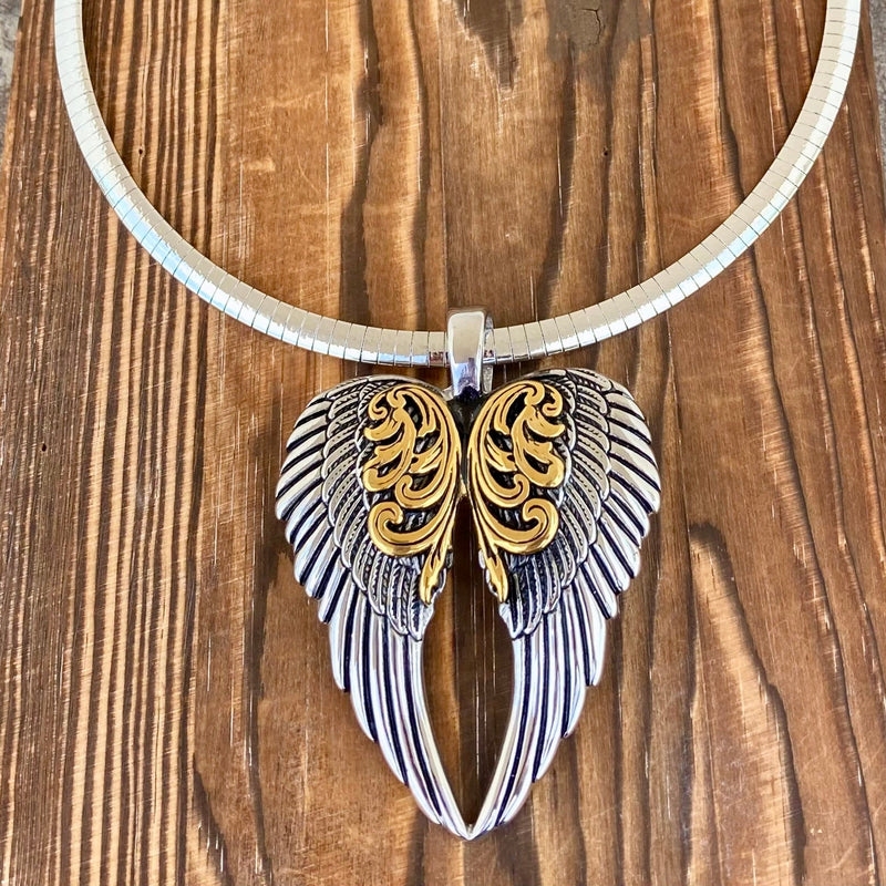 Sanity Steel Ladies Necklace Angel Heart Wings Pendant - Gold/Silver Wings - Classic - Rope Necklace or Omega - LAP024