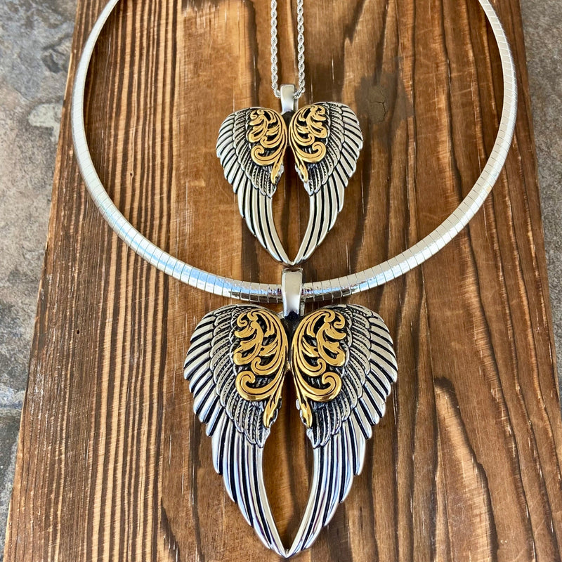 Sanity Steel Ladies Necklace Angel Heart Wings Pendant - Gold/Silver Wings - Classic - Rope Necklace or Omega - LAP024