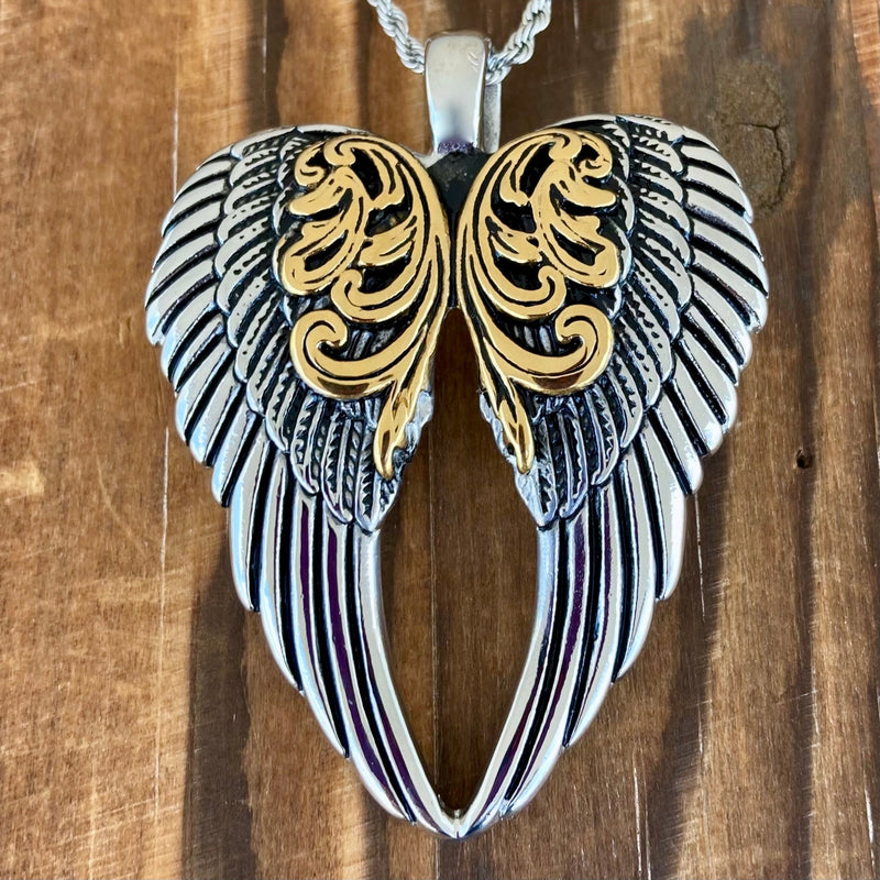Sanity Steel Ladies Necklace Angel Heart Wings Pendant - Silver/Gold Wings - Custom - Rope Necklace or Omega - LAP025