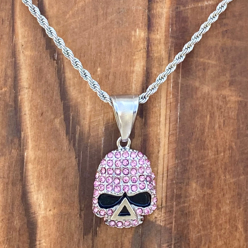 Sanity Steel Ladies Necklace Bling Skull - Mini Pendant - Pink Stone - Rope Chain or Omega - 2596M