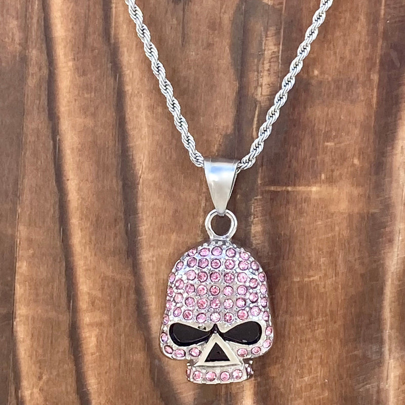 Sanity Steel Ladies Necklace Bling Skull Pendant - Pink Stone - Rope Necklace or Omega - 2596C