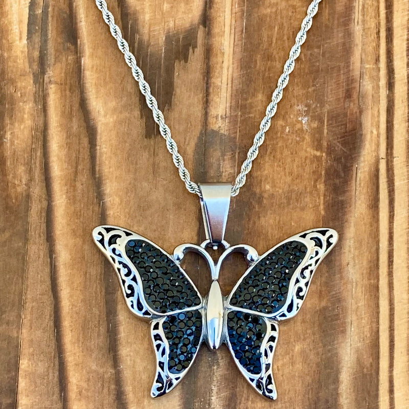 Sanity Steel Ladies Necklace Crystal Butterfly - Mini Pendant - Black - Rope Necklace or Omega - M613C