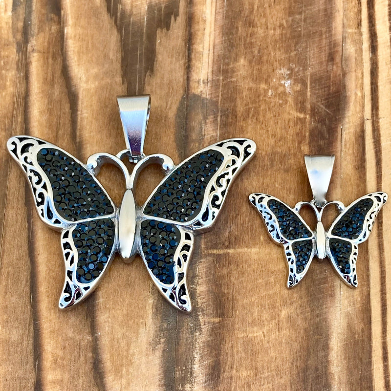 Sanity Steel Ladies Necklace Crystal Butterfly - Mini Pendant - Black - Rope Necklace or Omega - M613C