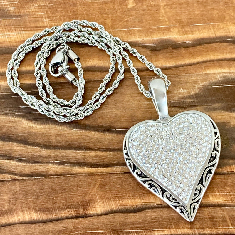 Sanity Steel Ladies Necklace Crystal Heart - Pendant - White - Rope Necklace or Omega - AJ01