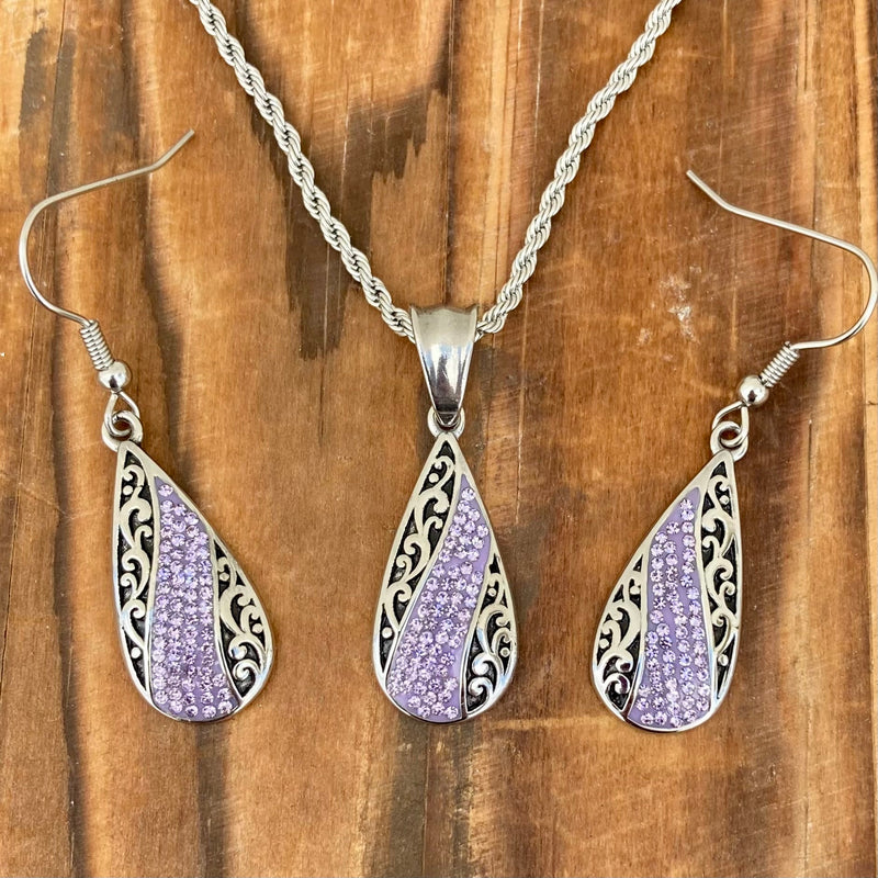 Sanity Steel Ladies Necklace Crystal Teardrop - Purple - Mini Pendant - Rope Necklace - AJ06M