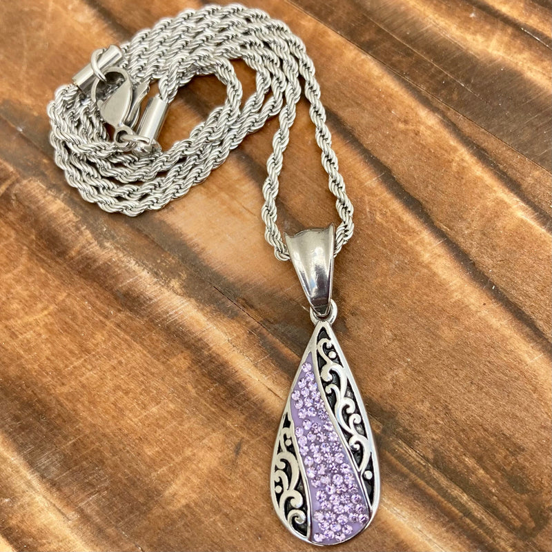 Sanity Steel Ladies Necklace Crystal Teardrop - Purple - Mini Pendant - Rope Necklace - AJ06M