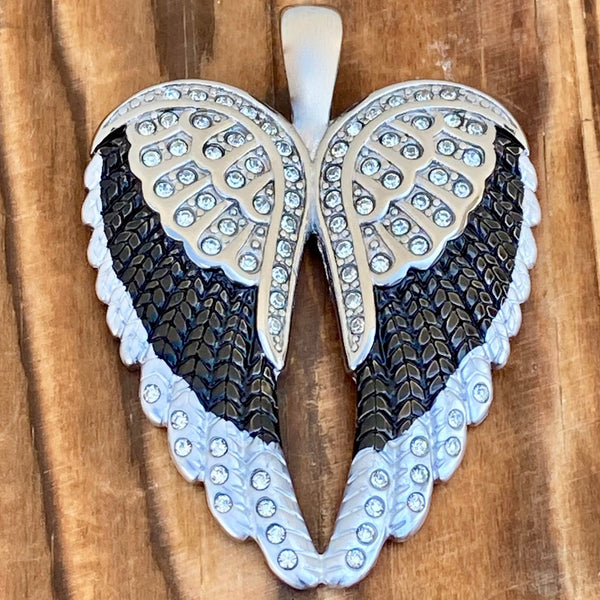 Sanity Steel Ladies Necklace Pendant Only Angel Heart Wings Pendant - Black Wings W/White Stones - Classic - Rope Necklace or Omega - LAP39