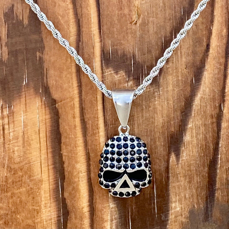 Sanity Steel Ladies Necklace Pendant Only Bling Skull - Mini Pendant - Black Stone - Rope Chain or Omega - SK2594M