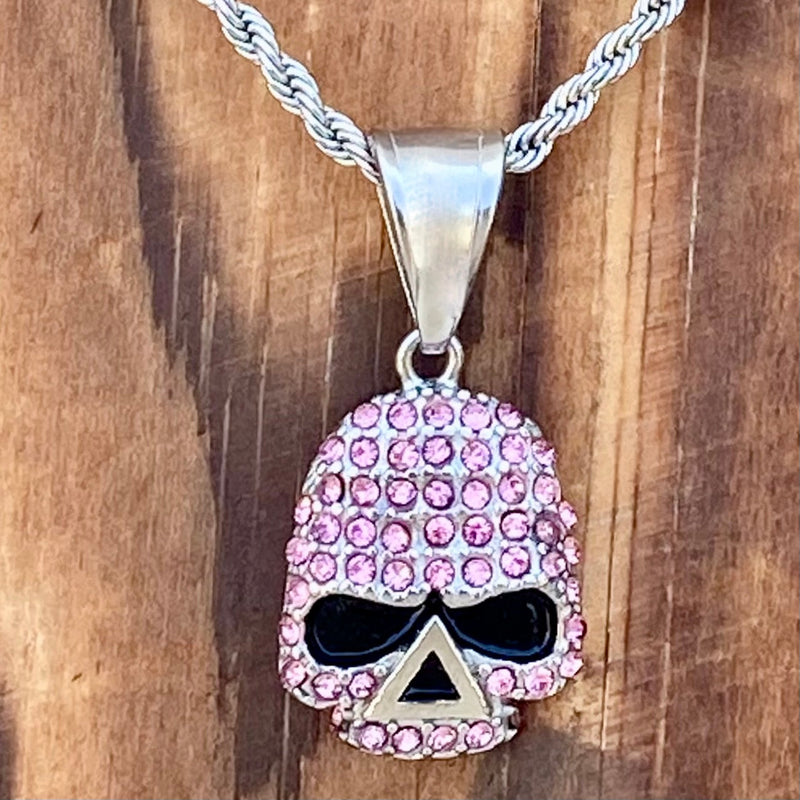 Sanity Steel Ladies Necklace Pendant Only Bling Skull - Mini Pendant - Pink Stone - Rope Chain or Omega - 2596M