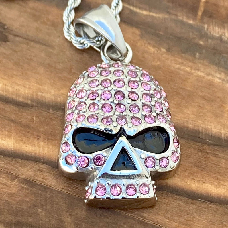 Sanity Steel Ladies Necklace Pendant Only Bling Skull Pendant - Pink Stone - Rope Necklace or Omega - 2596C