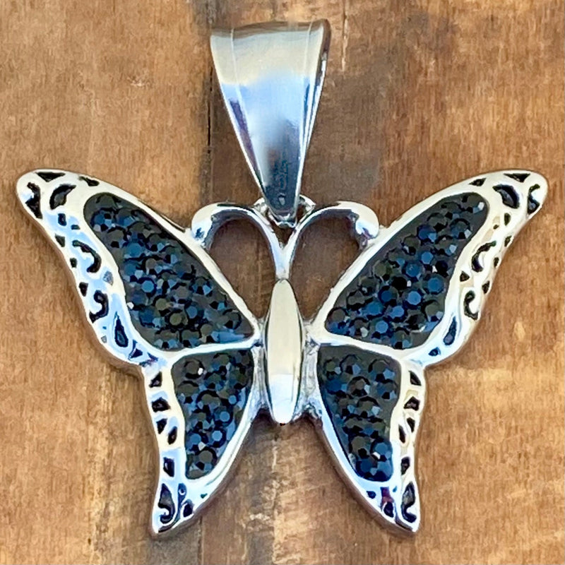 Sanity Steel Ladies Necklace Pendant Only Crystal Butterfly - Mini Pendant - Black - Rope Necklace or Omega - M613C