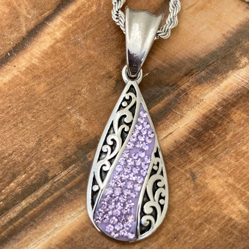 Sanity Steel Ladies Necklace Pendant Only Crystal Teardrop - Purple - Mini Pendant - Rope Necklace - AJ06M