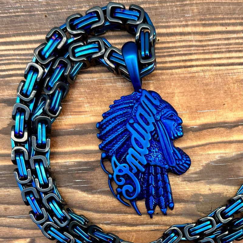 Sanity Steel Necklace 22” Black & Blue Indian Pendant Large - Blue - Necklace (696)