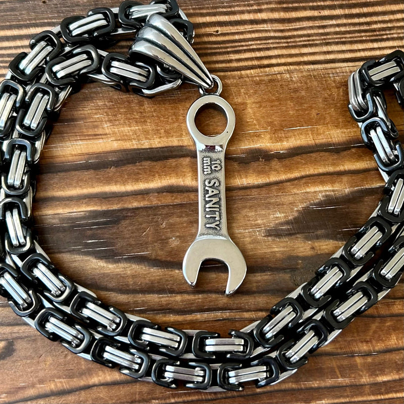 Sanity Steel Necklace 22” Black & Silver Wrench Pendant - 10MM - Necklace (704)