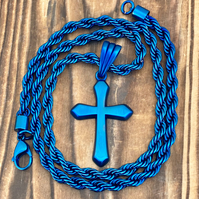 Sanity Steel Necklace 22” Blue Sanity's Favorite Cross Small - Blue - Pendant & Necklace 860C