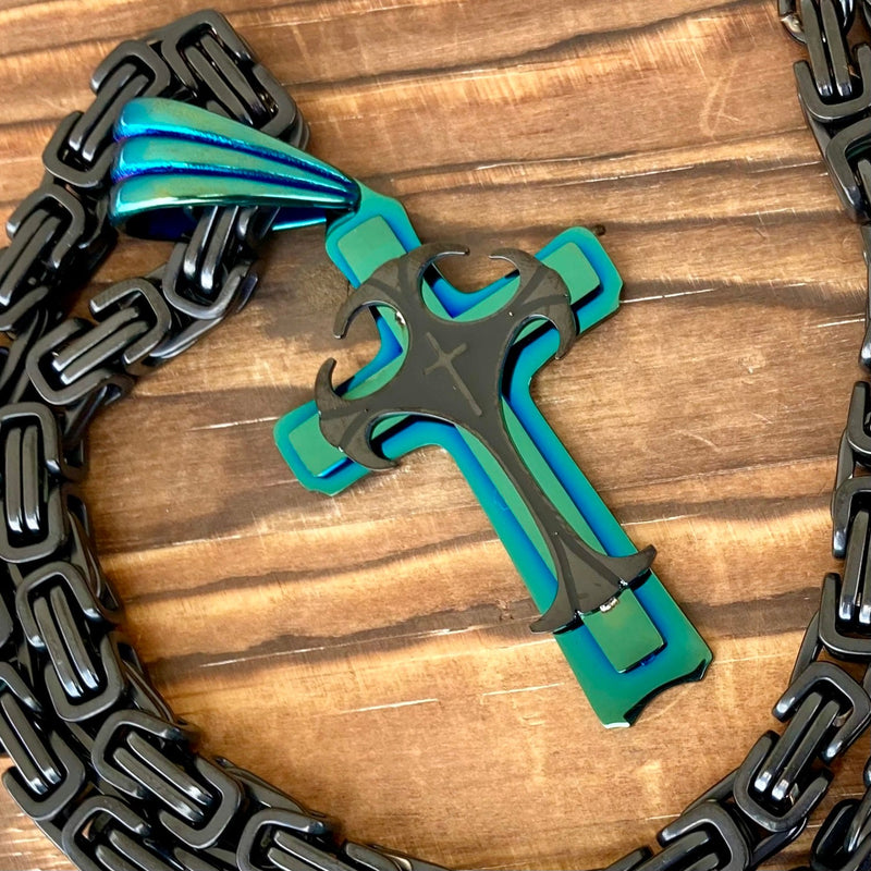 Sanity Steel Necklace 22” Silver Sanity's Combo" - Cross -  Risen Cross Black & Turquoise Pendant - Necklace (830)