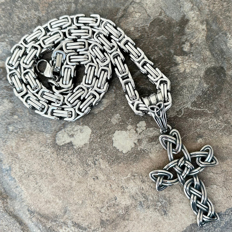 Sanity Steel Necklace 22” Silver "Sanity's Combo" - Large Celtic Cross Pendant & Necklace (804)