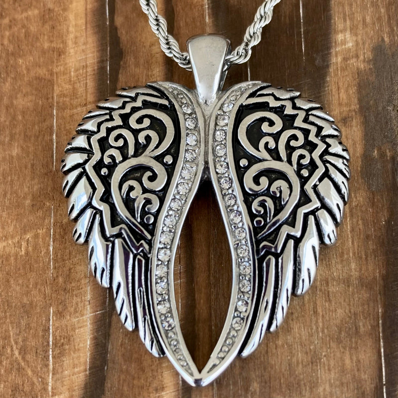 Sanity Steel Necklace Angel Heart Wings Pendant - Silver Bling Wings - Custom - Rope Necklace- LAP036