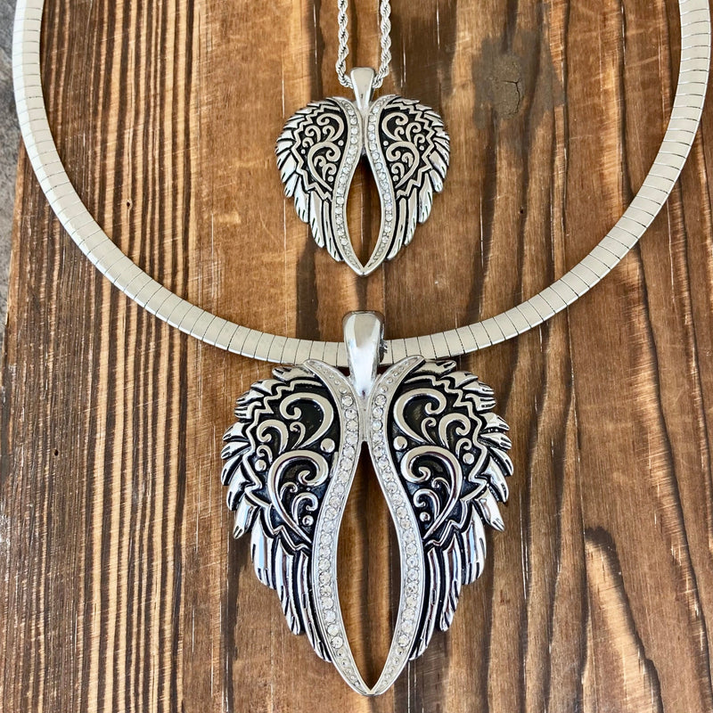 Sanity Steel Necklace Angel Heart Wings Pendant - Silver Bling Wings - Custom - Rope Necklace- LAP036