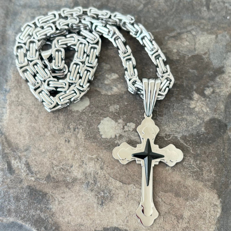 Sanity Steel Necklace Cross - Silver & Black Cross Pendant - Necklace SLC477 CLEARANCE