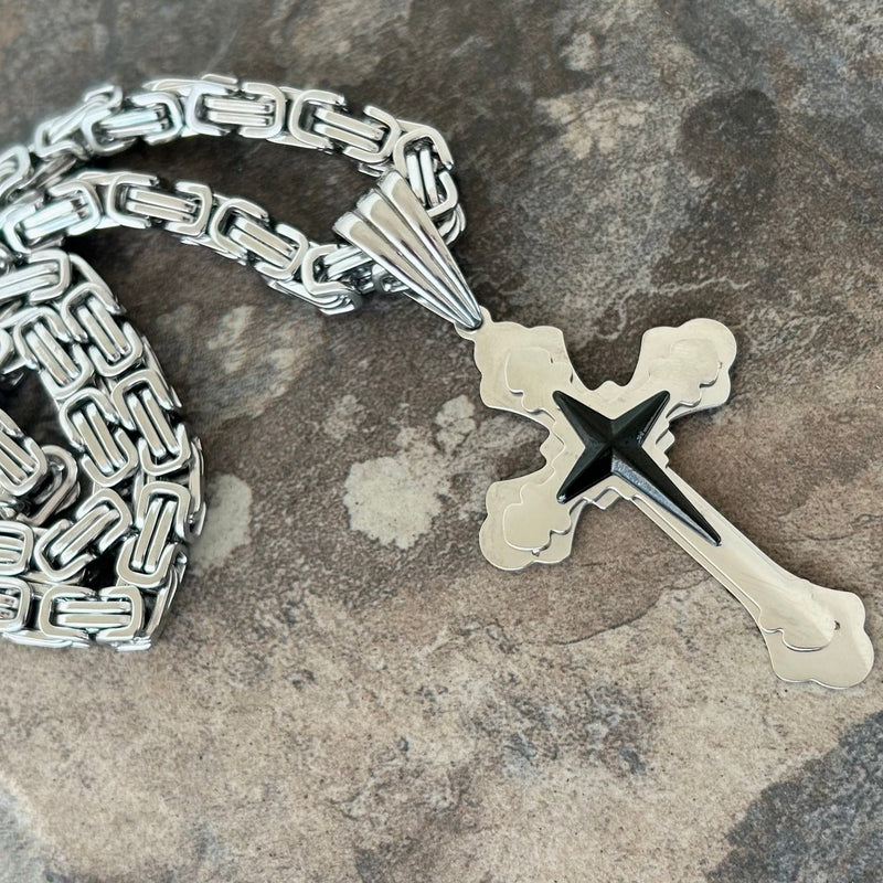 Sanity Steel Necklace Cross - Silver & Black Cross Pendant - Necklace SLC477 CLEARANCE