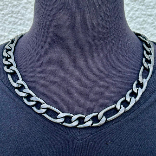 Sanity Steel Necklace Necklace - Figaro - Classic - Matte Black - 1/2" Wide - FN09