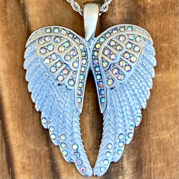 Sanity Steel Necklace Pendant Only Angel Heart Wings Pendant - White W/Rainbow Stones Wings - Custom - Rope Necklace- LAP37