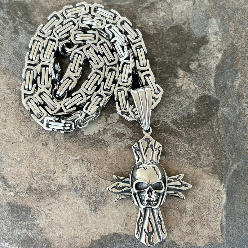 Sanity Steel Necklace "Sanity's Combo" - Cross - Skull Cross - Silver - Pendant & Necklace (809)
