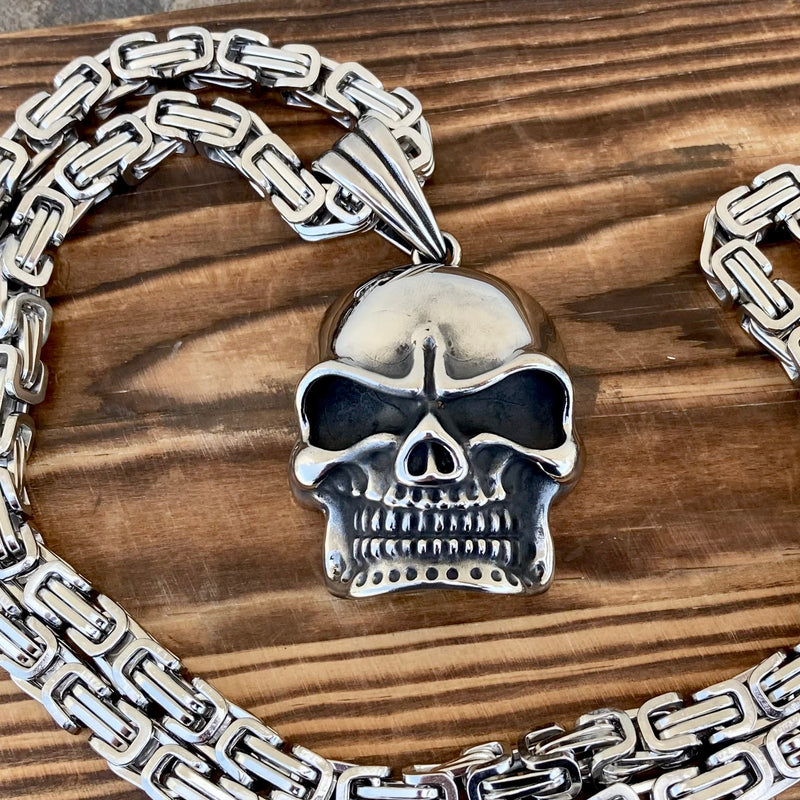 Sanity Steel Pendant 22” Silver Bone Crusher Skull - Hollow Back Pendant - Necklace (251)