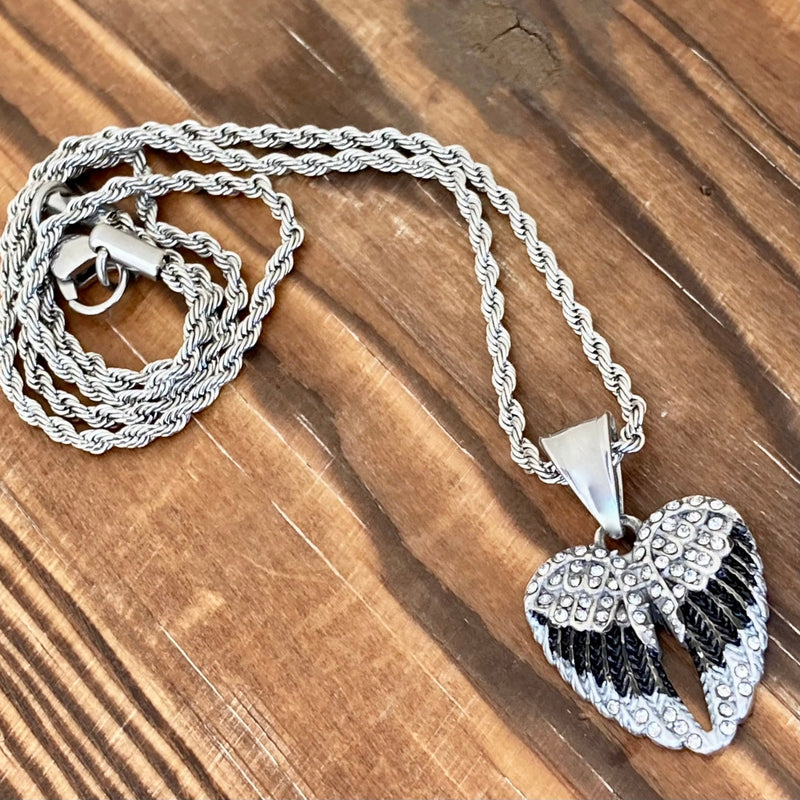 Sanity Steel Pendant Mini Angel Wing Heart - Pendant - Chain - Black w/White Stone - SK2537C