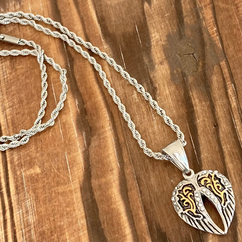 Sanity Steel Pendant Mini Angel Wing Heart - Pendant & Chain - Silver & Gold Bling - LAP034C