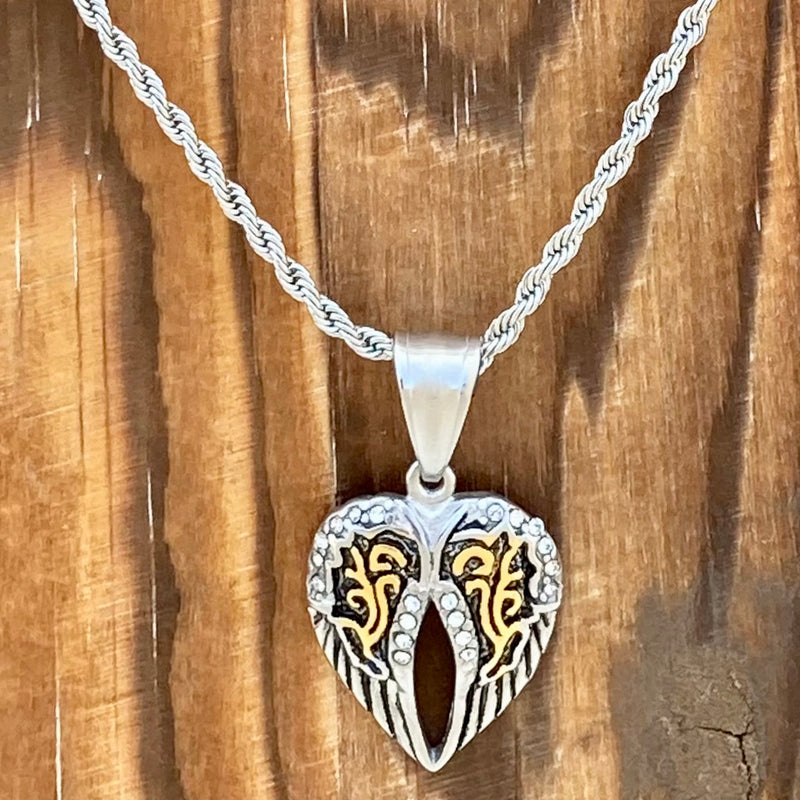 Sanity Steel Pendant Mini Angel Wing Heart - Pendant & Chain - Silver & Gold Bling - LAP034C