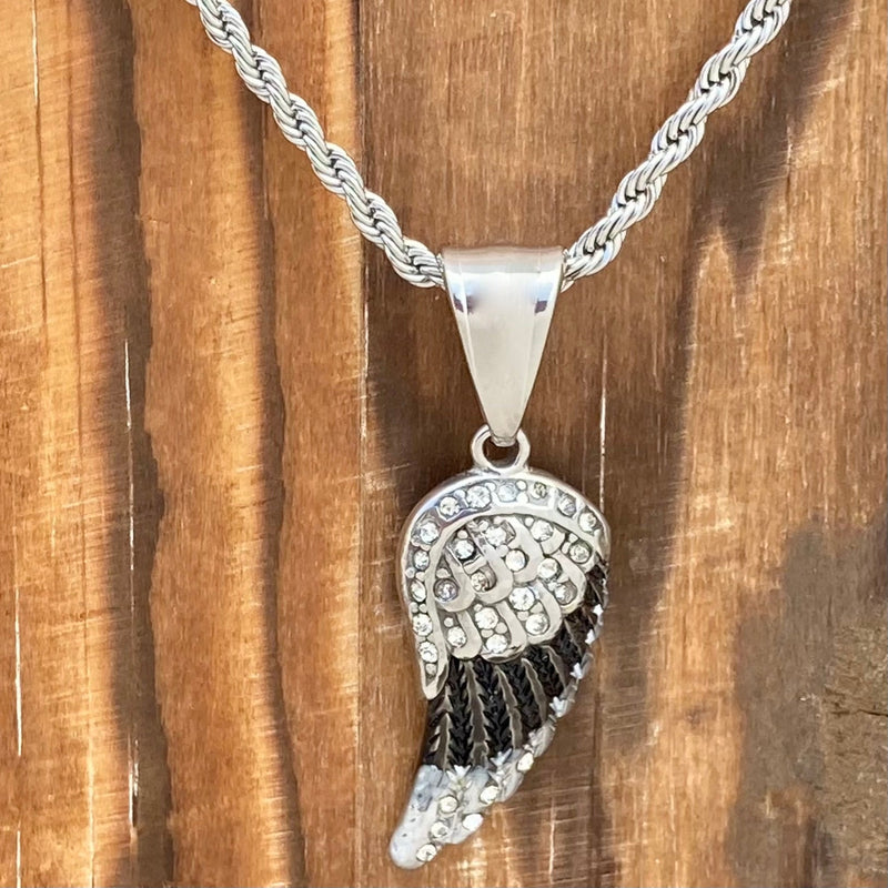 Sanity Steel Pendant Mini Angel Wings - Pendant - Black & White Bling - Rope Necklace or Omega - SK2537